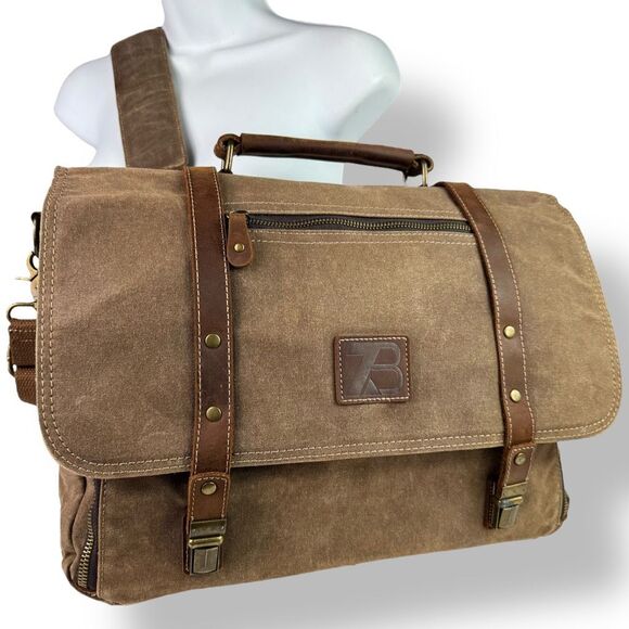 Vintage Style Waxed Canvas Brown Leather Rugged Briefcase Messenger Shoulder Bag - Picture 2 of 16